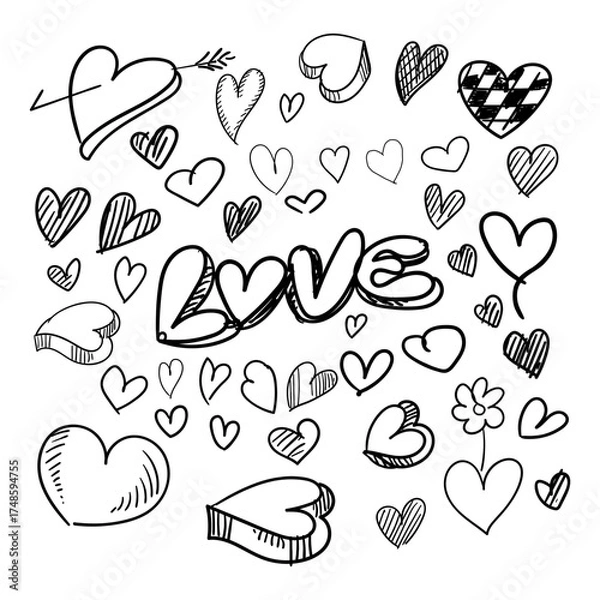 Fototapeta Set, collection of various brush, chalk, marker drawn line heart shapes, silhouettes, outlines