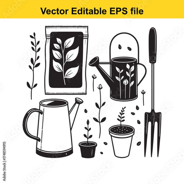 Fototapeta Vector art of a collection of gardening tools and supplies, including watering cans, seed packets, plants, and a fork