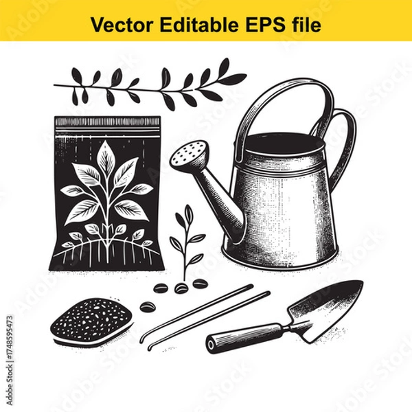Fototapeta Vector art of a closeup view of gardening essentials, featuring a watering can, seed packet, trowel, and scattered seeds