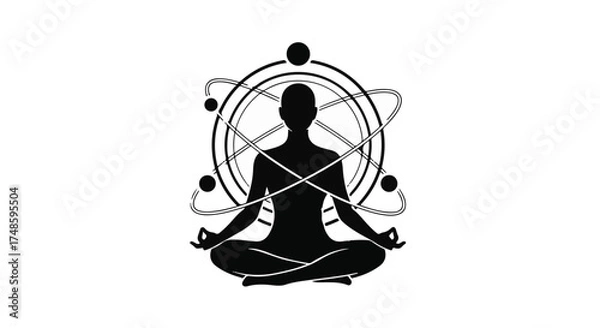 Fototapeta Silhouette of a person meditating with atomic orbits symbolizing cosmic connection and inner peace.