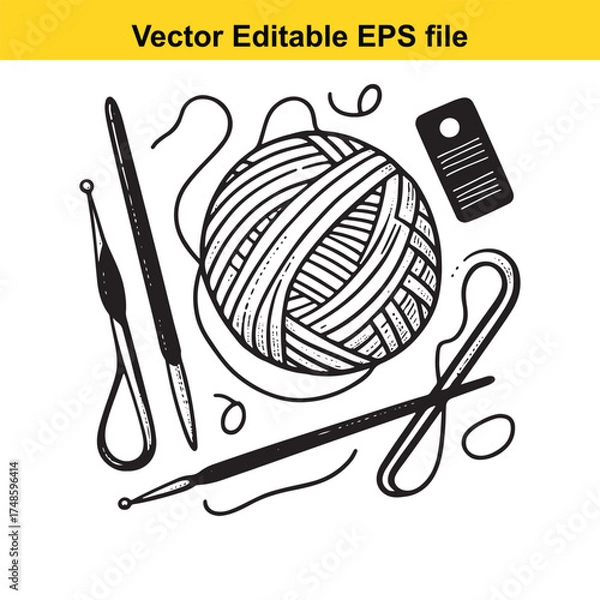 Fototapeta Vector art of handdrawn illustration of a ball of yarn with knitting needles and crochet hook