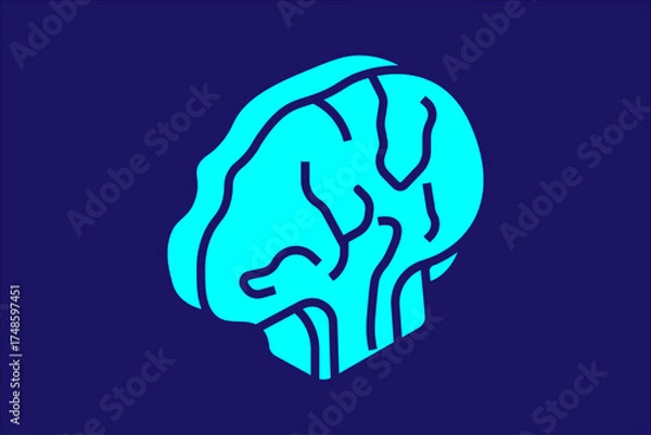 Fototapeta The image shows a stylized illustration of a brain in a bright turquoise color on a dark blue background
