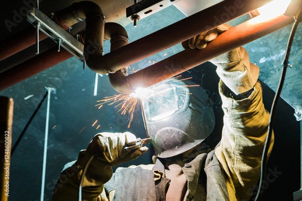 Fototapeta Metal soldering by welding method. A man using a welding machine solders metal in production. 