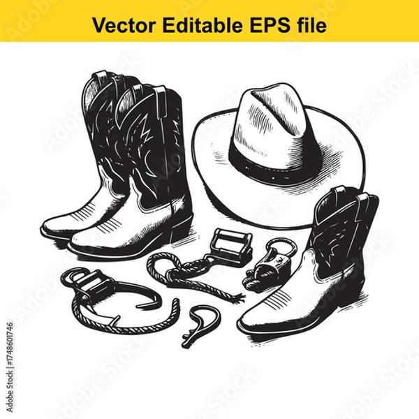 Fototapeta Vector art of a collection of cowboy boots, a cowboy hat, and western accessories like a lasso and spurs