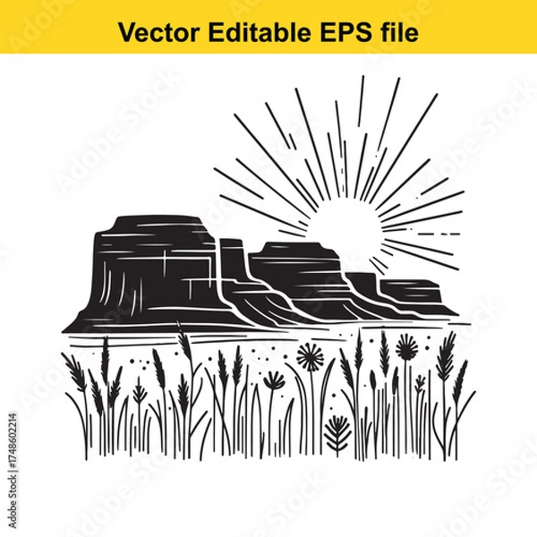 Fototapeta Vector art of a black and white illustration of a desert landscape with mesas, a rising sun, and tall grasses in the foreground