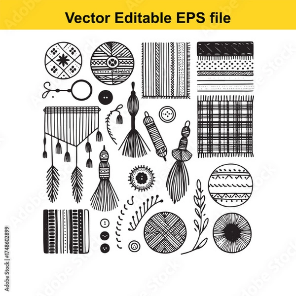 Fototapeta Vector art of collection of handdrawn bohemian elements including tassels, buttons, yarn balls, and patterns