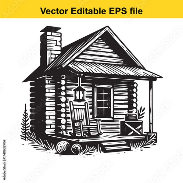 Fototapeta Vector art of rustic log cabin with a rocking chair on the porch and a chimney, surrounded by grass and trees