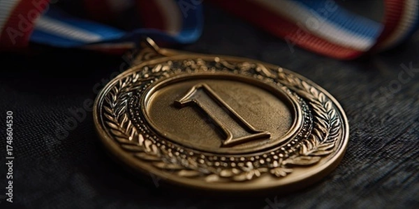 Fototapeta Gold Medal Award with Number One Icon and Ribbon on Dark Fabric Background