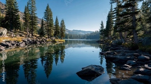 Fototapeta Serene Mountain Lake Surrounded by Tall Pine Trees and Rocky Shoreline Under Clear Blue Sky