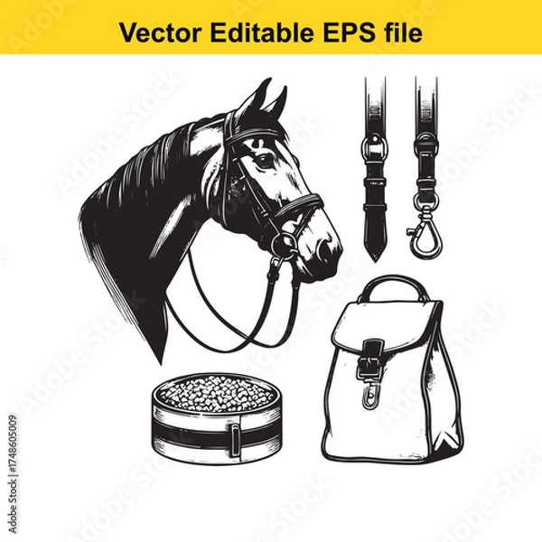 Fototapeta Vector art of black and white illustration of a horse head with bridle, a bowl of feed, a saddlebag, and horse tack