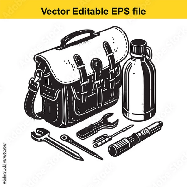 Fototapeta Vector art of black and white illustration of a messenger bag, a water bottle, and various tools including wrenches and a flashlight