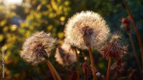 Fototapeta Dandelions in Sunlight with Backlit Effect in Natural Garden Setting