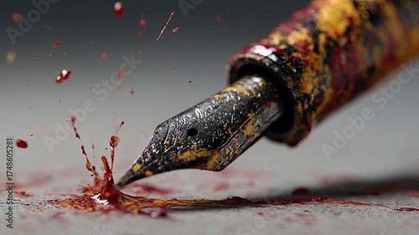 Fototapeta Close-up of a Fountain Pen with Ink Splashes on Surface in Artistic Style
