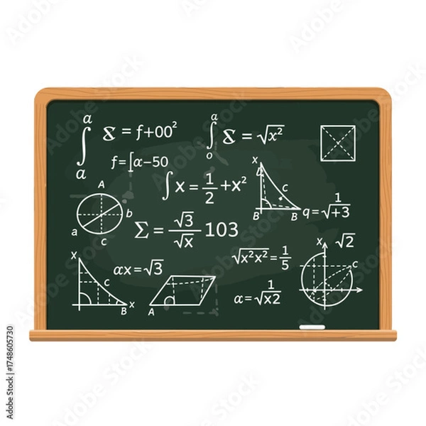 Fototapeta Complex mathematical formulas and geometric shapes vividly drawn on a classic green chalkboard for educational or scientific themes