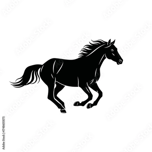 Obraz Dynamic black horse silhouette gallops with flowing mane and tail, symbolizing freedom and power against a clean white background.