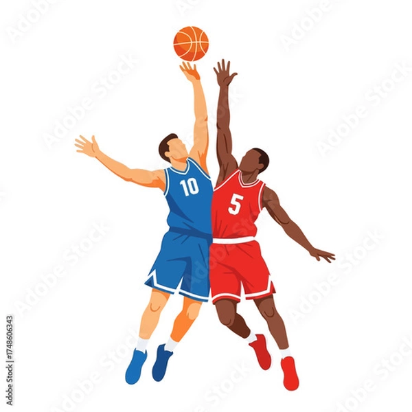 Fototapeta Dynamic basketball players leap for a slam dunk, capturing intense competition and athletic prowess in a vibrant sports scene.