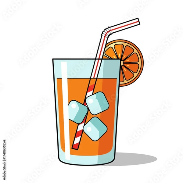 Fototapeta Refreshing orange juice with ice cubes, straw, and orange slice garnish in a tall glass perfect for summer refreshment