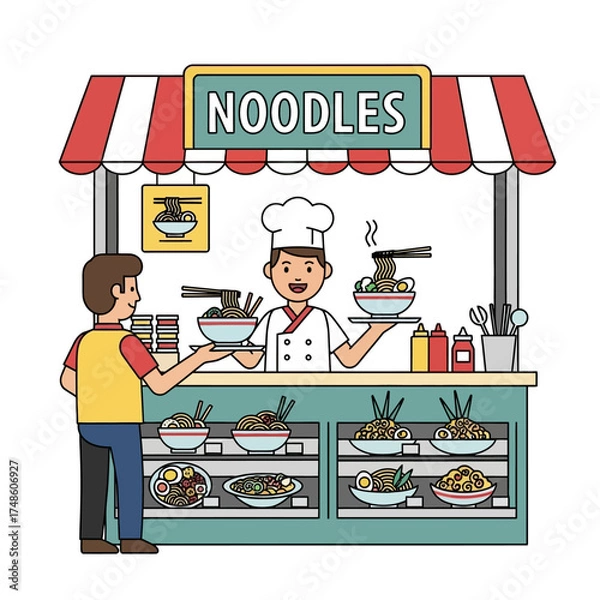 Obraz Friendly chef serves delicious ramen bowls at a vibrant street food stall, capturing the joy of a quick, tasty meal