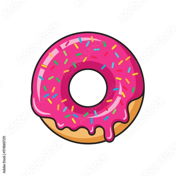 Fototapeta Indulge in vibrant pink frosted donut delight, a sweet treat bursting with colorful sprinkles for pure joy and celebration