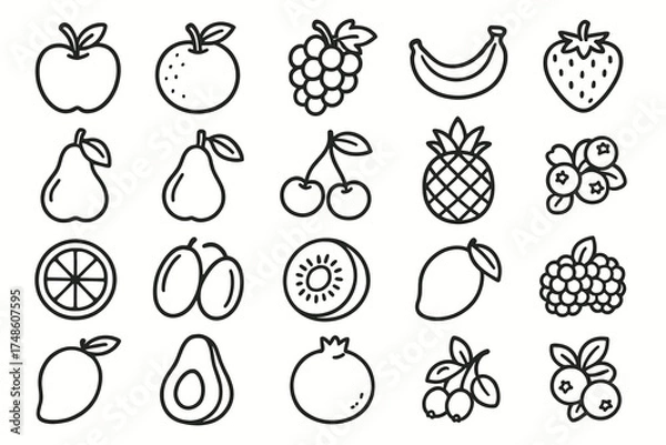 Fototapeta Set of 20 simple fruit icons in black outline style