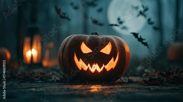 Fototapeta Spooky Halloween Pumpkin Carving with Illuminated Face in Dark Forest Scene