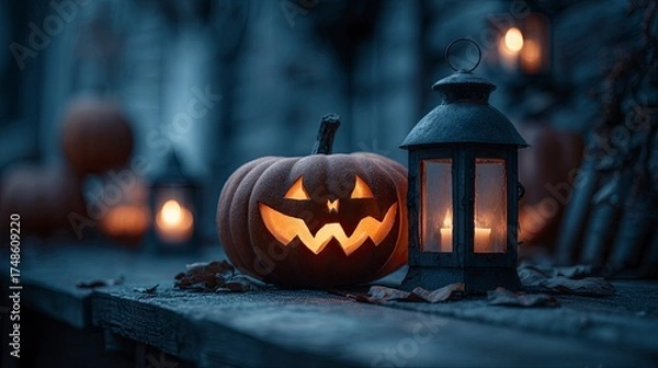 Fototapeta Halloween Pumpkin Carving with Lantern and Candles on Rustic Wooden Surface