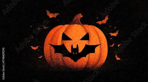 Fototapeta Carved Halloween Jack-o'-lantern with Menacing Face and Flying Bats in Dark Night Scene