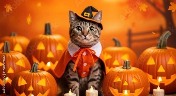 Obraz A cute tabby cat dressed up for halloween surrounded by carved pumpkins