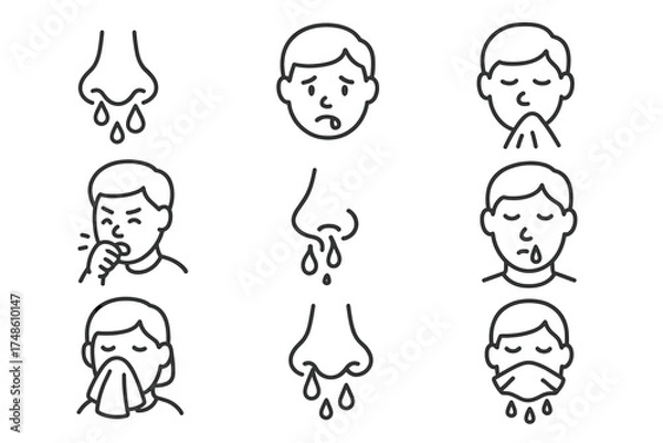 Fototapeta Line art illustrations of cold symptoms: sneezing, coughing, runny nose