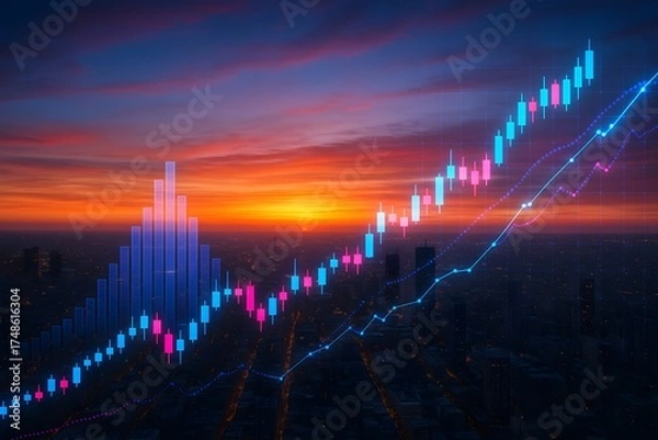 Fototapeta Colorful Financial Growth Graph with Candlestick Chart and Rising Line Data over City Skyline at Sunset in Digital Business Concept