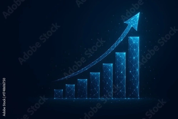 Fototapeta Glowing digital bar chart with rising arrow on dark background showing growth success progress and data performance increase