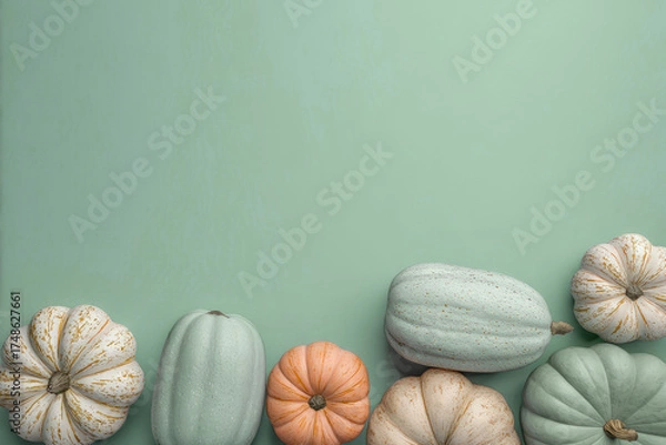 Obraz Modern autumn flat lay with pastel pumpkins on light green background with copy space, minimalist seasonal composition for Thanksgiving, fall harvest, banner design template invitations