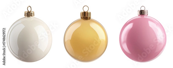 Fototapeta Three delicate Christmas ornaments in pearl white, golden yellow, and soft pink isolated on transparent background