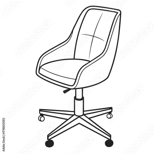 Fototapeta Simple Line Drawing of a Modern Office Swivel Chair with Wheels Keywords: office chair, swivel chair, desk chair, furniture, interior