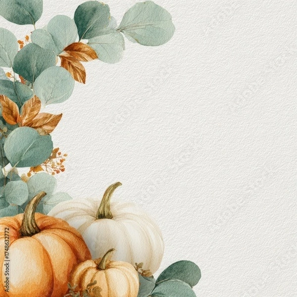 Obraz Bright orange pumpkins with blue grapes and autumn berries on teal wooden background, symmetrical border composition with copy space in the center for seasonal banner, invitation, template or holiday 
