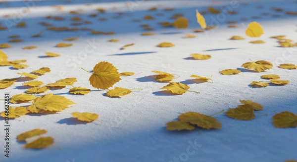 Fototapeta Autumn leaves scattered on a white surface with long shadows