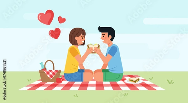 Obraz Romantic Picnic Featuring Couple Sharing a Sandwich with Hearts Symbolizing Affectionate Bonds