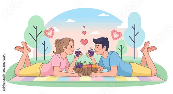 Fototapeta Romantic picnic scene for couple enjoying fruits and love in a beautiful garden together