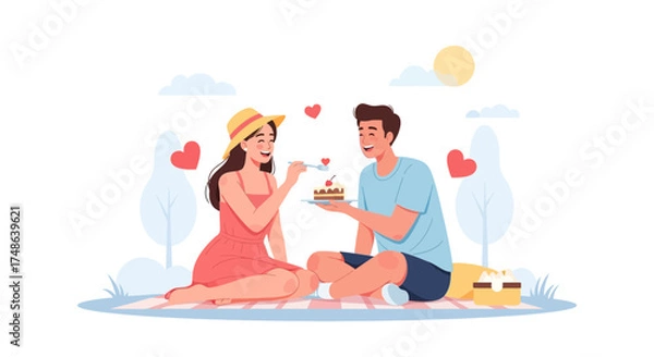 Obraz Romantic picnic scene of a happy couple sharing cake on a sunny day enjoying love