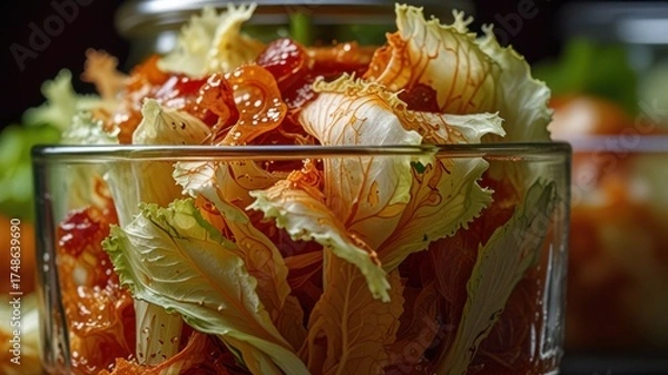 Fototapeta Homemade Kimchi in Progress, Fermenting Napa Cabbage and Chili Paste Macro Scene 김치