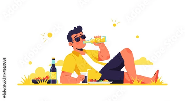 Fototapeta Relaxation And Beverage, A Laid-Back Moment In The Sun, Enjoying A Refreshing Drink