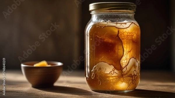 Fototapeta Organic SCOBY in Glass Jar, Golden Fermentation Liquid and Honey Tones, Rustic Lifestyle Scene