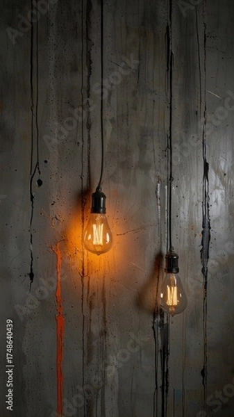 Fototapeta Gray Concrete Backdrop With Hanging Bulbs And Fiery Orange Red Light Stripes
