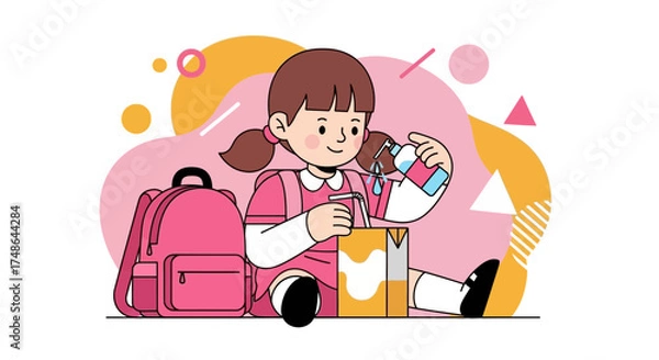Fototapeta School Child Sanitizing Drink Package, Illustrative Depiction Of Hygiene Preparation, Health Focus