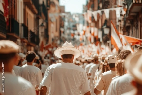 Fototapeta Festive Procession: A vibrant outdoor procession unfolds, filled with participants dressed in white, as they walk through a historical city.