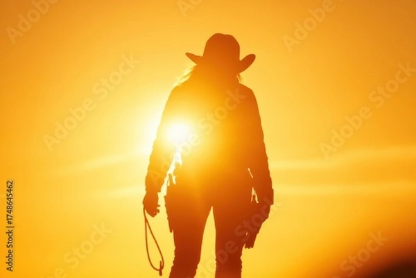 Fototapeta Cowgirl's Silhouette in the Sunset: A lone cowgirl stands silhouetted against the warm glow of the setting sun, hand holding a rope. The sky is filled with rich colors.