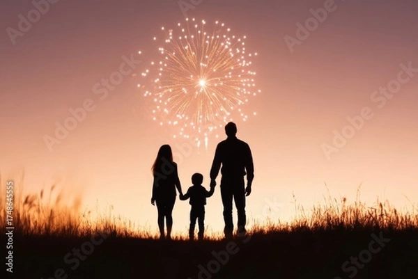 Fototapeta Family and Fireworks Silhouette: A silhouette of a family stands hand-in-hand, gazing at a dazzling firework display, painted against a soft sunset sky. A celebration of unity.