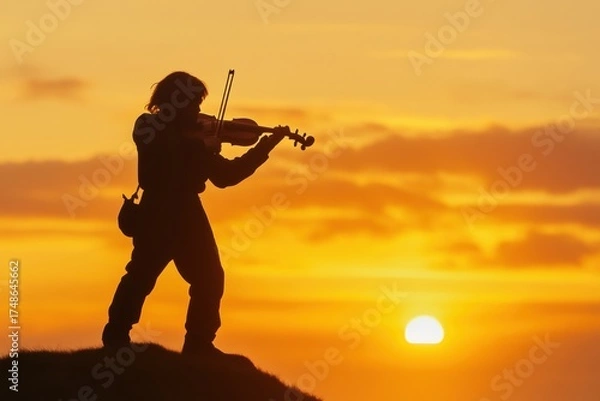Fototapeta Melody of Dusk: A silhouette of a violinist, standing on a cliff, pours his soul into a beautiful melody against the backdrop of a sunset, evoking feelings of passion, beauty, and artistry.