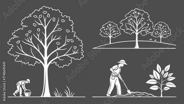 Fototapeta CAD Tree Line Minimal Style Vector Set of Outline Tree Symbols for Architecture and Landscape Design Drawing