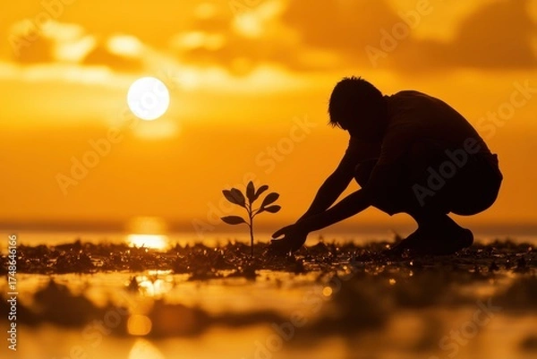 Fototapeta Silhouetted Nurturing: A solitary figure, silhouetted against a breathtaking sunset, tenderly plants a sapling, symbolizing growth, hope, and environmental consciousness.
